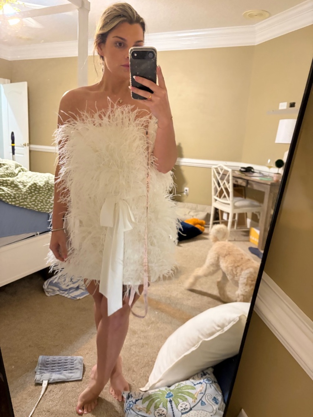 White Feather Strapless Mini Dress with Bow - MAC Duggal
